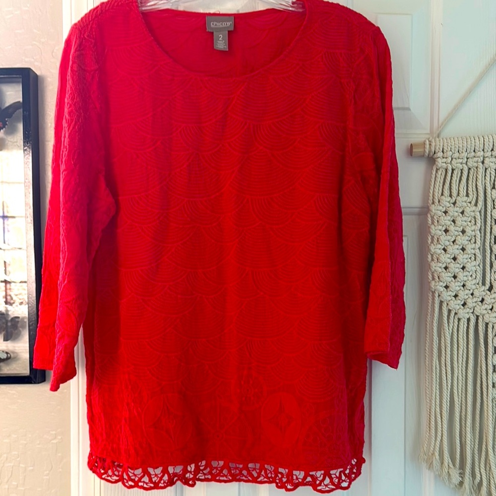 Beautiful Chico's Cotton Crochet 3/4 Sleeve Top